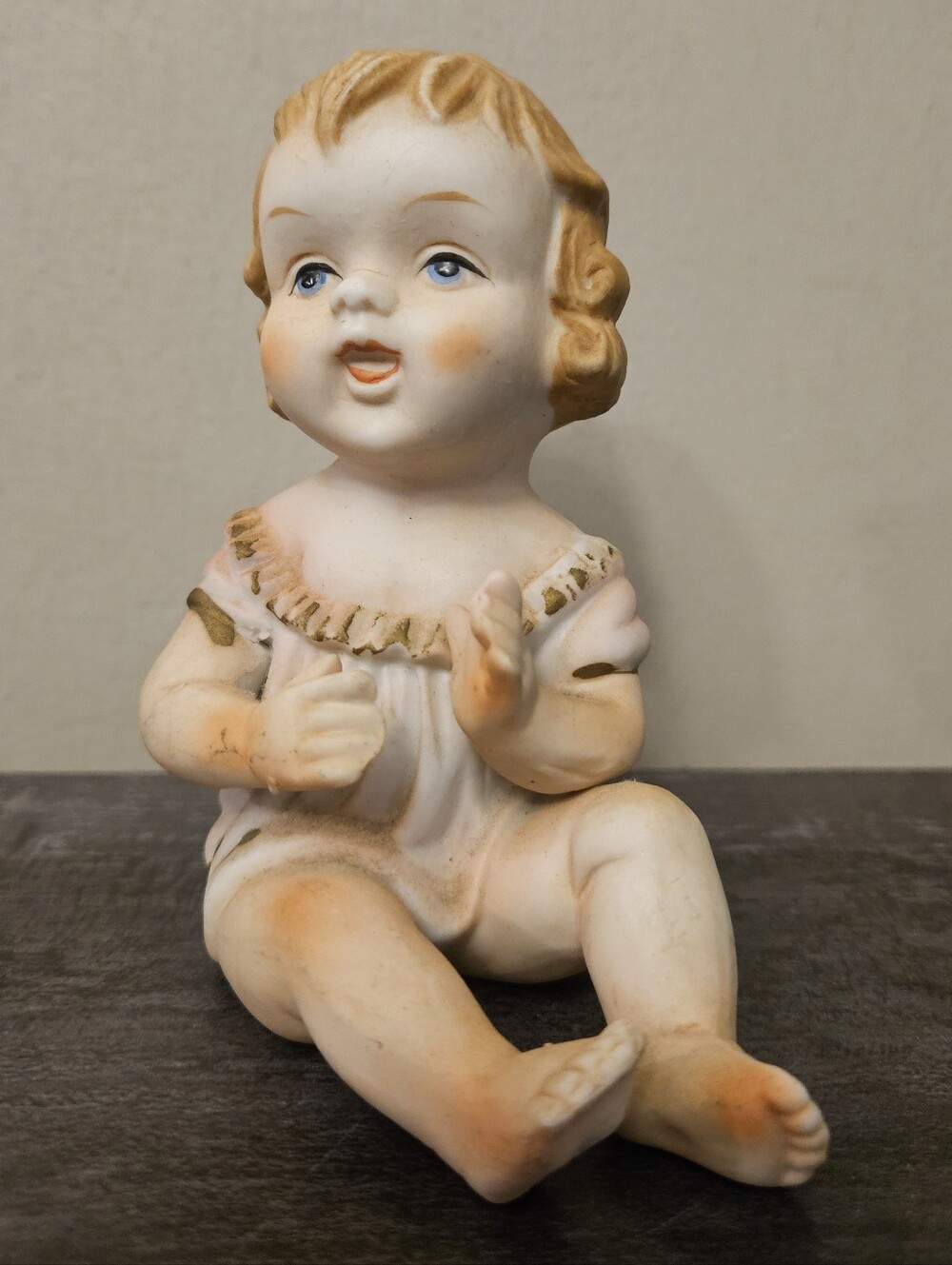 Vintage Bisque Porcelain Piano Baby Figurine Sitting Girl Hand Painted Matte